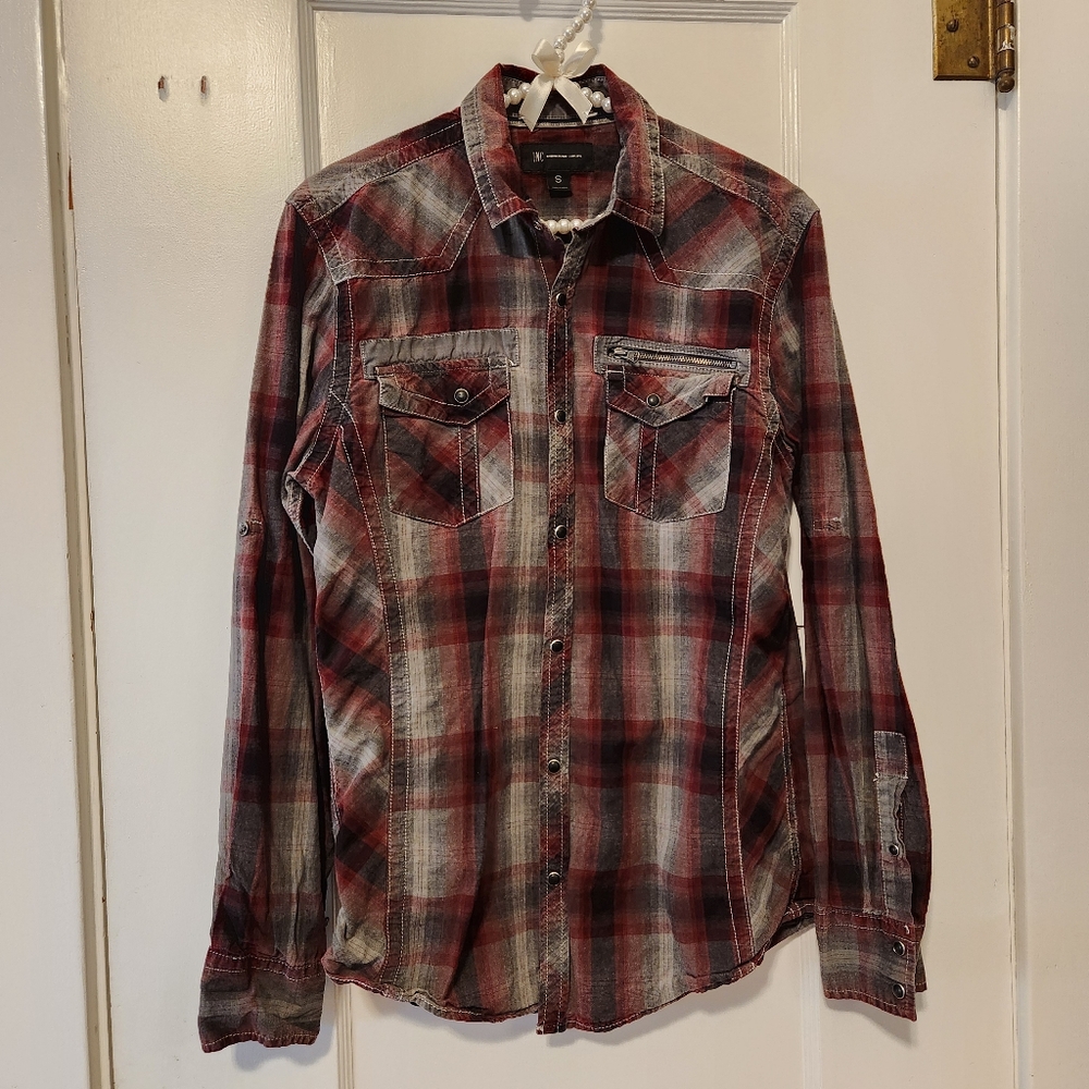 INC Shirt Mens Red Plaid Casual Party Pearl Snap Rock Grunge Western
